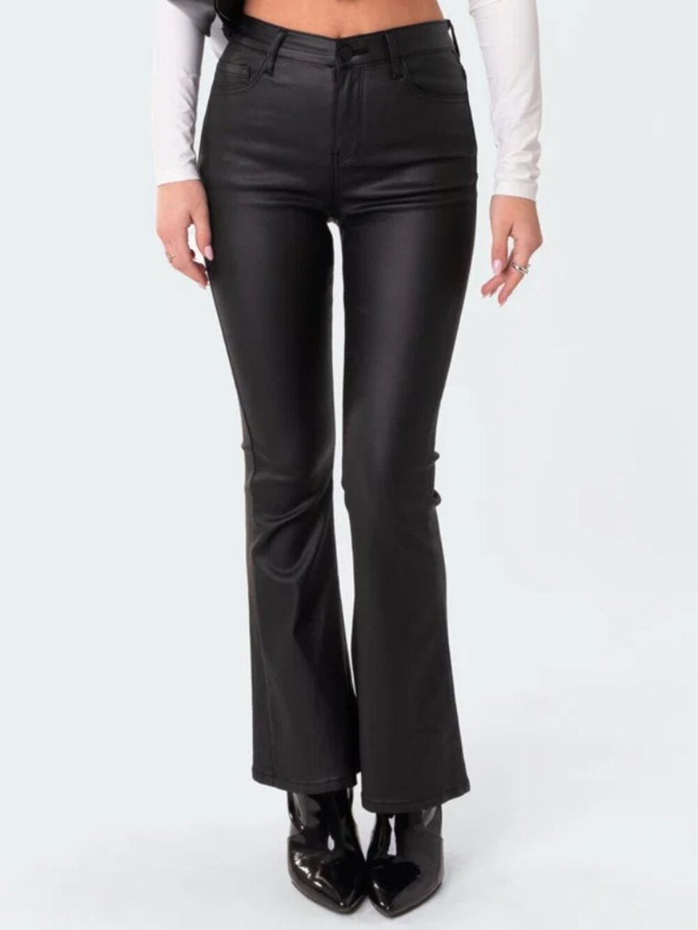 EDIKTED Petite Luna Black Faux Leather Flare Jeans